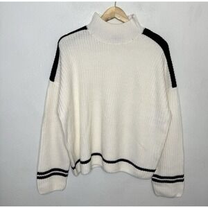 Sanctuary Women's XL  Black And White Mock Neck Sweater Knit Striped Trim Chunky